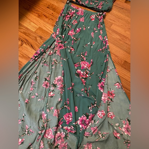 Lulus green pink floral off shoulder crop top skirt two 2 maxi set two piece - Picture 11 of 11